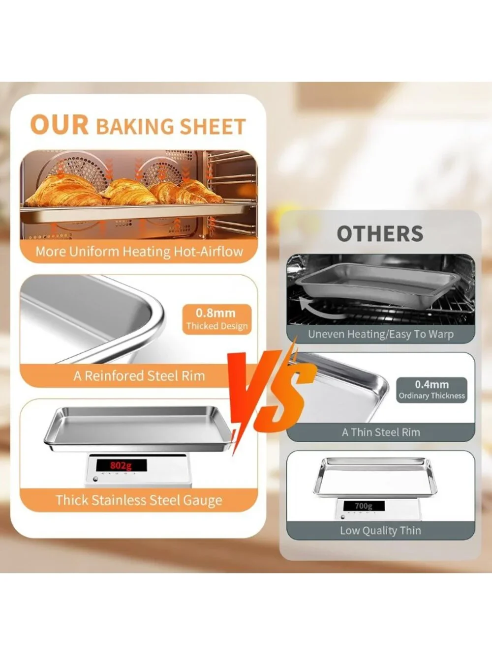 Stainless Steel Baking Sheet Set of 3 - Non-Stick, Heavy Duty, Easy Clean Pans